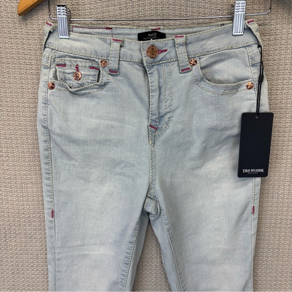NWT True Religion Halle Jeans Women 26 High Rise Super Skinny Pink Stitching - Picture 3 of 12
